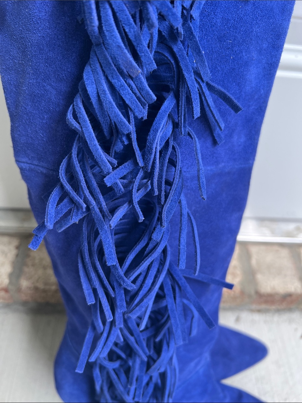 Betsey Johnson Zohara Royal Blue Suede Fringe Boho Knee Boots Size 8.5 - Picture 4 of 13
